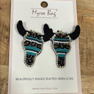Myra Bag Black and Turquoise Beaded Bull Earrings